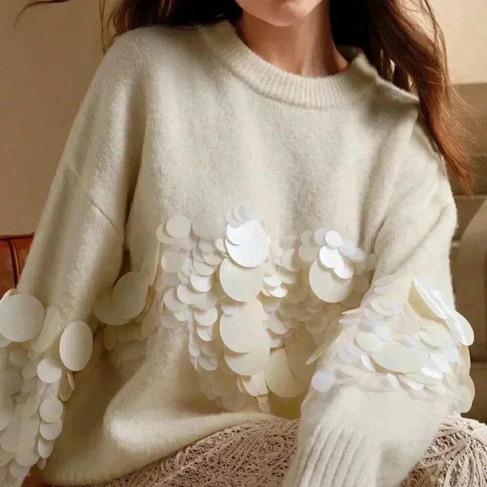 Apricot Casual Women's Handmade Beaded & Sequined Delicate Pullover Sweater - Picture 6 of 7